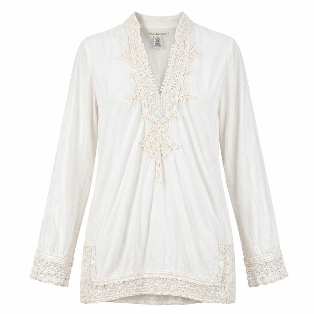 Polo Jeans Co White Embroidered Tunic Blouse Womens L Crochet Beaded Y2K Cottage